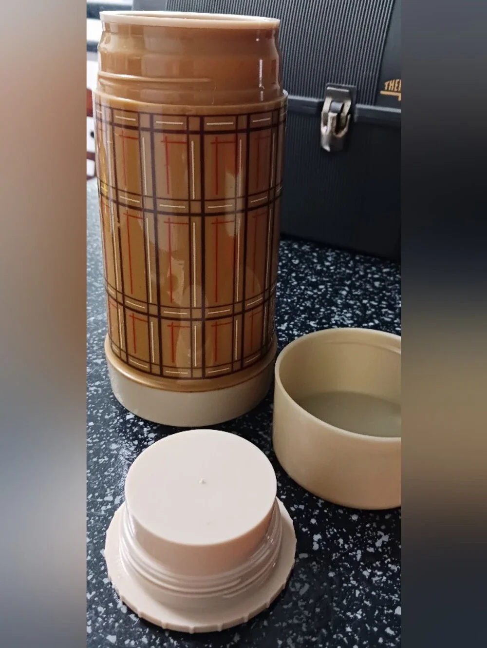 Vintage Thermos Grey Lunchbox and  drink/food thermos holders, can opener